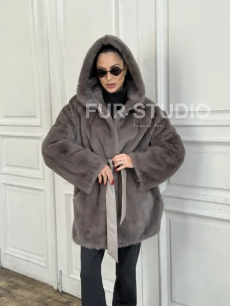 Шуба норковая с капюшоном роспуск - цвет графит - фото 7