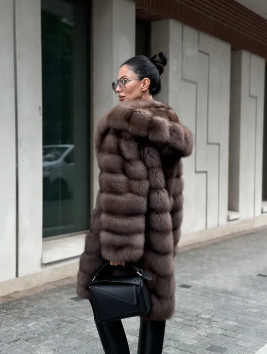 Шуба из меха куницы с капюшоном цвет трюфель - фото 8