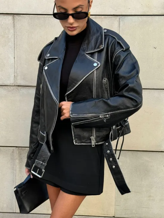 Куртка-косуха из натуральной кожи «Vintage»  со шнуровкой - цвет черный - фото 8