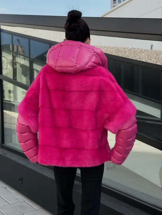 Норковая куртка трансформер 2в1 - цвет фуксия - фото 6