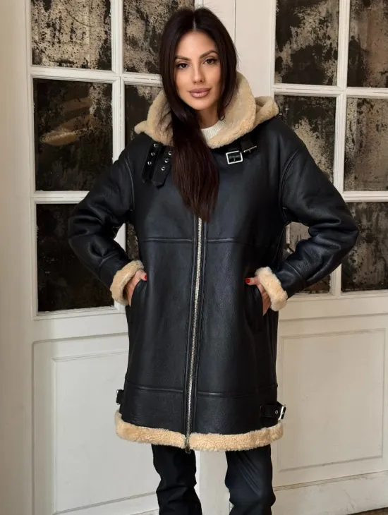 Женская удлиненная дубленка авиатор с отстегивающимся капюшоном - фото 0