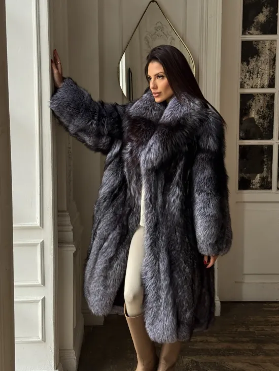 Длинная шуба из натурального меха чернобурки, воротник шаль - фото 0