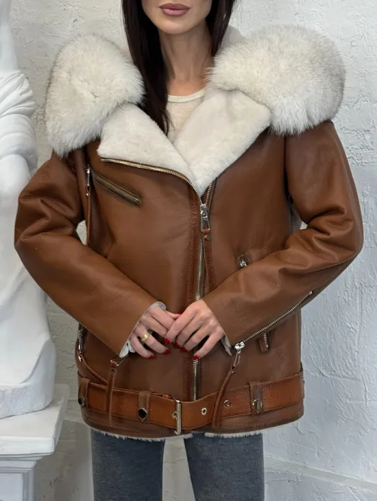 Дубленка - куртка женская из натуральной овчины с капюшоном из меха финского песца - фото 5