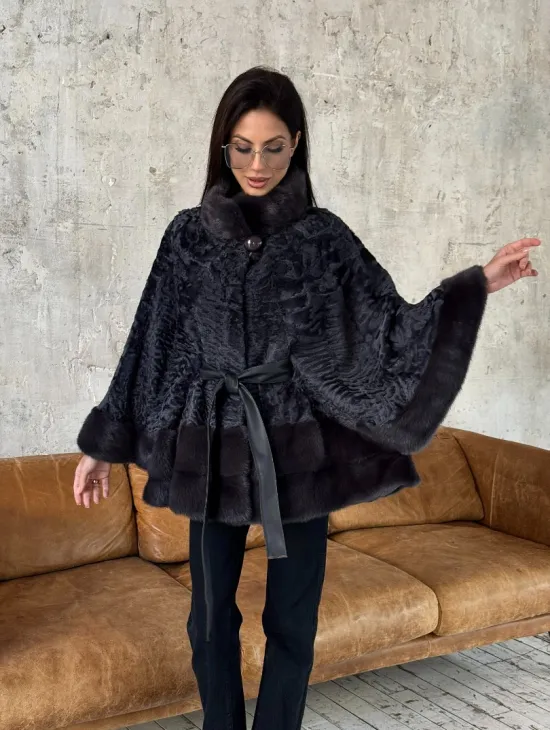 Меховое пончо - шуба из натурального меха каракульчи с отделкой из норки - фото 7