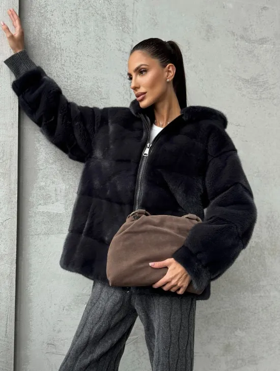 Норковый полушубок - куртка из меха норки с капюшоном графит - фото 11