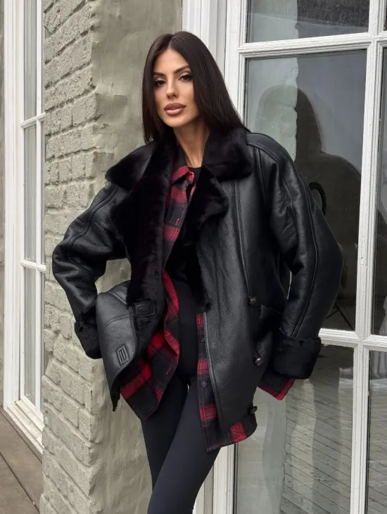 Винтажная куртка - дубленка «Total Black» с английским воротником на пуговицах - фото 5