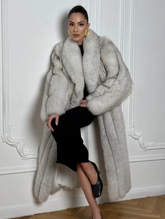 Длинная шуба из меха финского песца VINTAGE - колотый лёд - фото 3