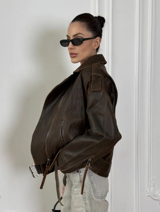 Vintage Brown кожаная куртка - косуха оверсайз с затертыми швами - фото 4