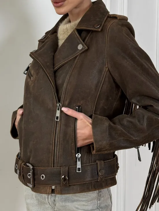 Коричневая кожаная куртка - косуха с бахромой. Мотоциклетная куртка, демисезон - фото 2