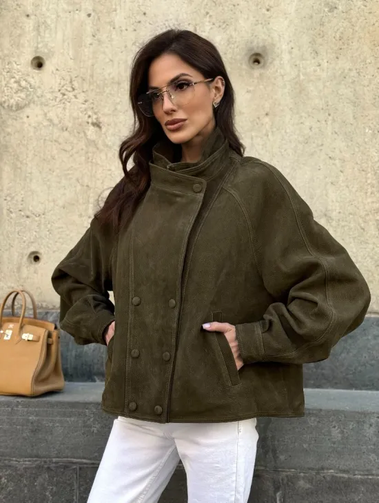 Женский замшевый блейзер - стойка воротник - фото 11