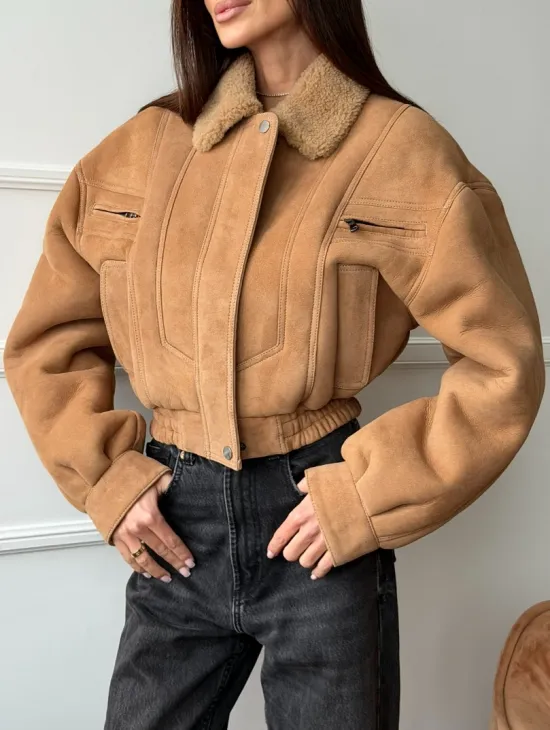 Зимняя женская дубленка - бомбер - фото 3