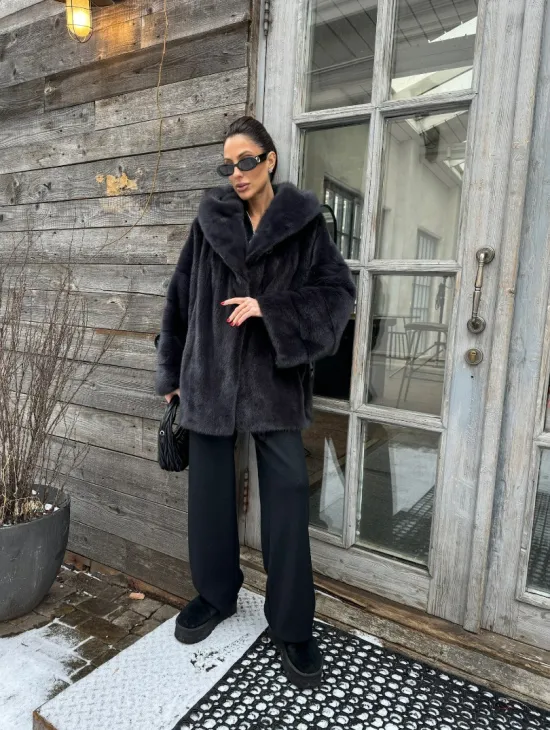 Шуба норковая с капюшоном - цвет графит - фото 10