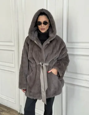 Шуба норковая с капюшоном роспуск - цвет графит - фото 0