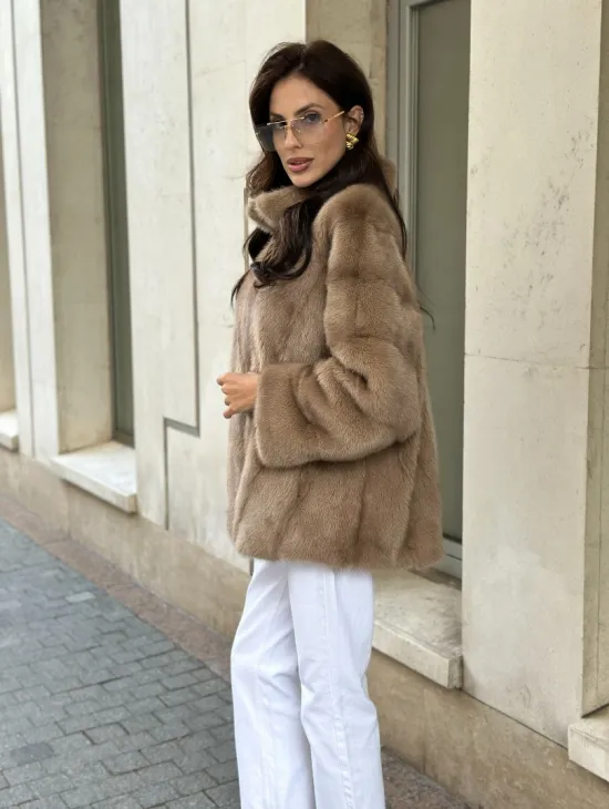 Короткая норковая шуба на молнии - цвет пастель - фото 3